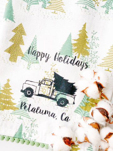 Luma Vintage Happy Holidays Petaluma Tea Towel - Green Vintage Xmas Trees