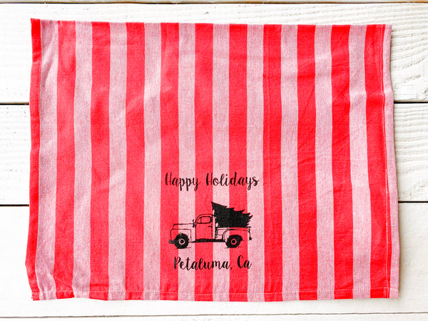 Luma Vintage Happy Holidays Petaluma Tea Towel - Red/Mauve Vertical Stripe