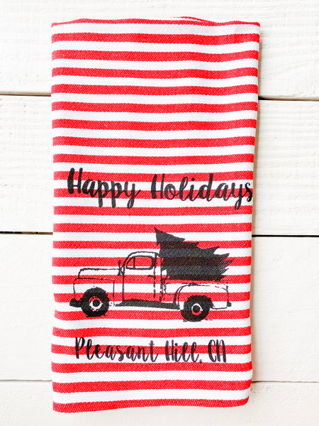 Luma Vintage Happy Holidays Pleasant Hill Tea Towel- Red Stripe