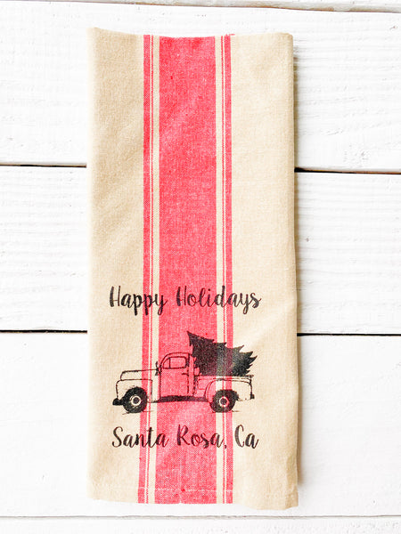 Luma Vintage Happy Holidays Santa Rosa Towel- Red French Stripe