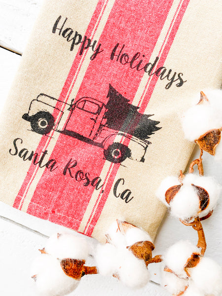 Luma Vintage Happy Holidays Santa Rosa Towel- Red French Stripe