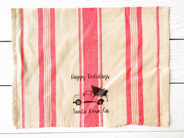 Luma Vintage Happy Holidays Santa Rosa Towel- Red French Stripe