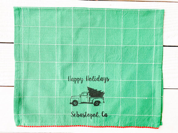 Luma Vintage Happy Holidays Sebastopol Green Check Tea Towel