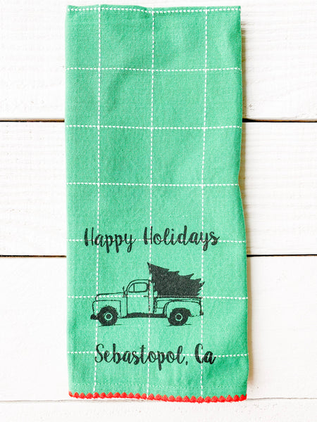 Luma Vintage Happy Holidays Sebastopol Green Check Tea Towel