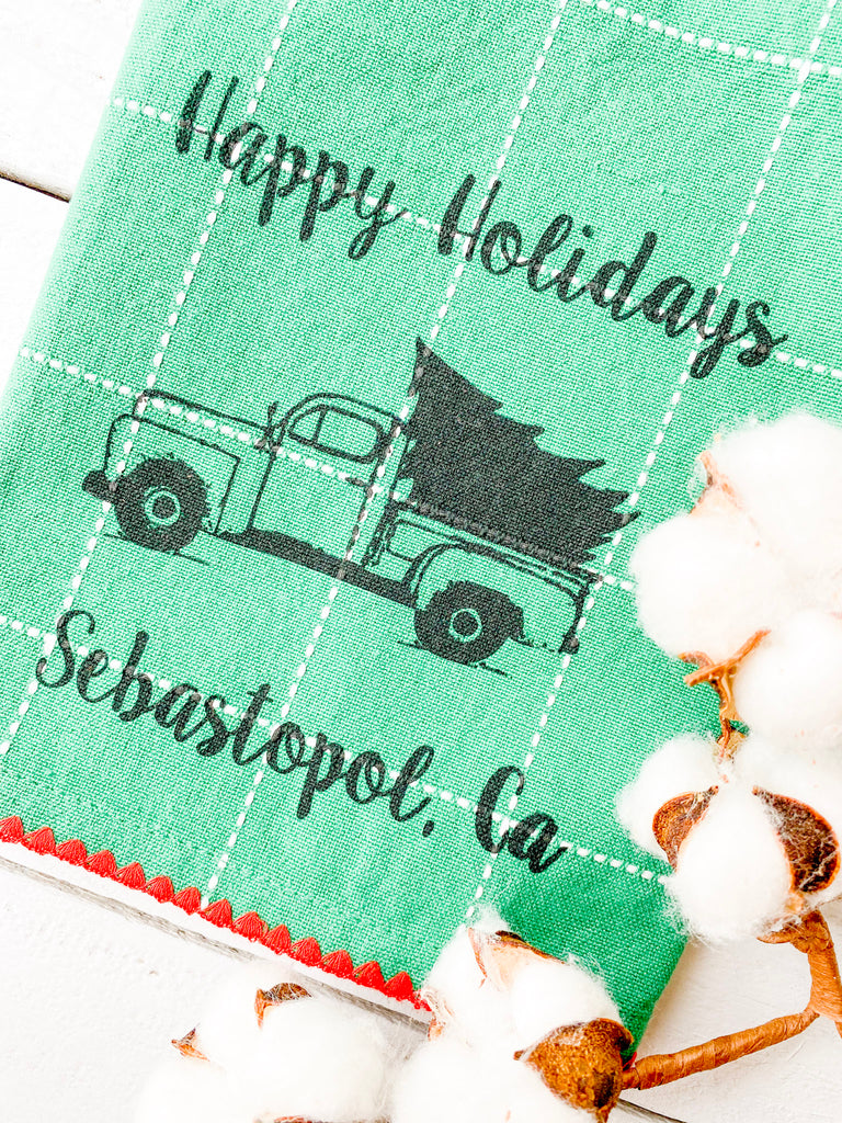Luma Vintage Happy Holidays Sebastopol Green Check Tea Towel