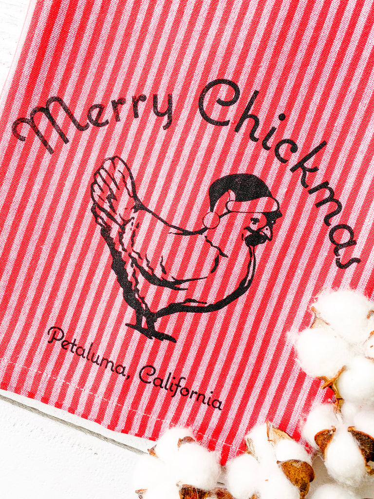 Luma Vintage Merry Chickmas Petaluma Tea Towel- Red/Mauve Thin Stripe