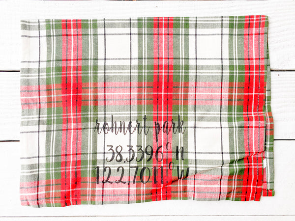 Luma Vintage Rohnert Park Longitude/Latitude Tea Towel- Xmas Tartan