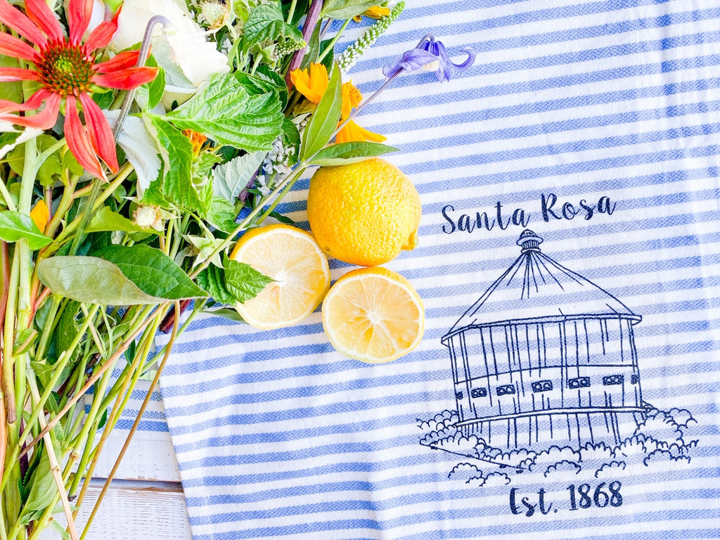 Luma Vintage Santa Rosa Round Barn Tea Towel- Blue and White Preppy Stripe