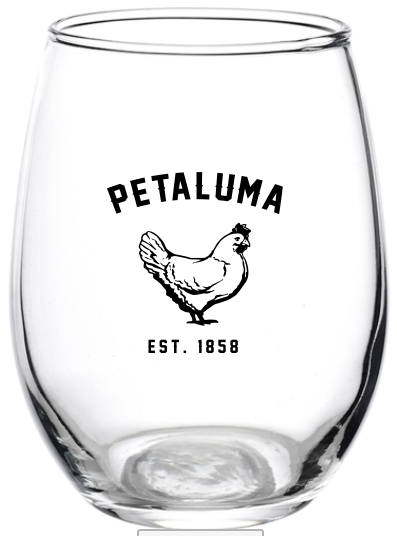 Wine Glass with a Chicken and writing that says Petaluma Est 1858