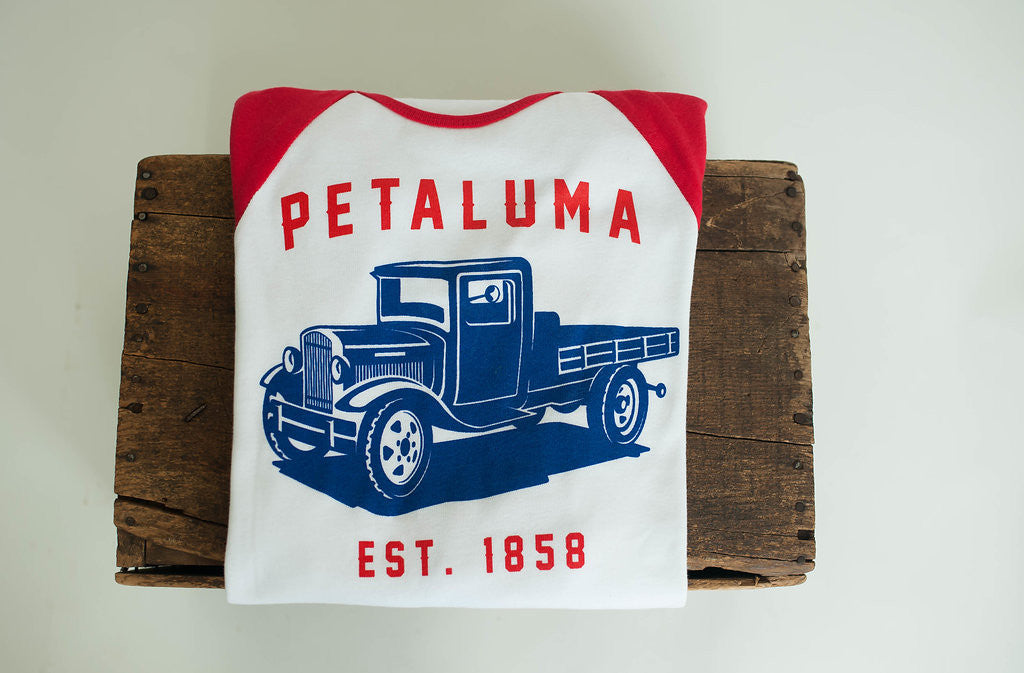 Women's Baby Rib 3/4 Sleeve Baseball Tee with  Petaluma Truck Logo White/Red