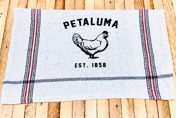 Rustic Tea Towel with Luma Vintage Petaluma Chicken- Red and Blue Stripe