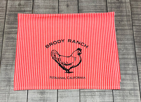 Brody Ranch Tea Towel with Luma Vintage Petaluma Chicken-Mauve-Red Thin Stripe