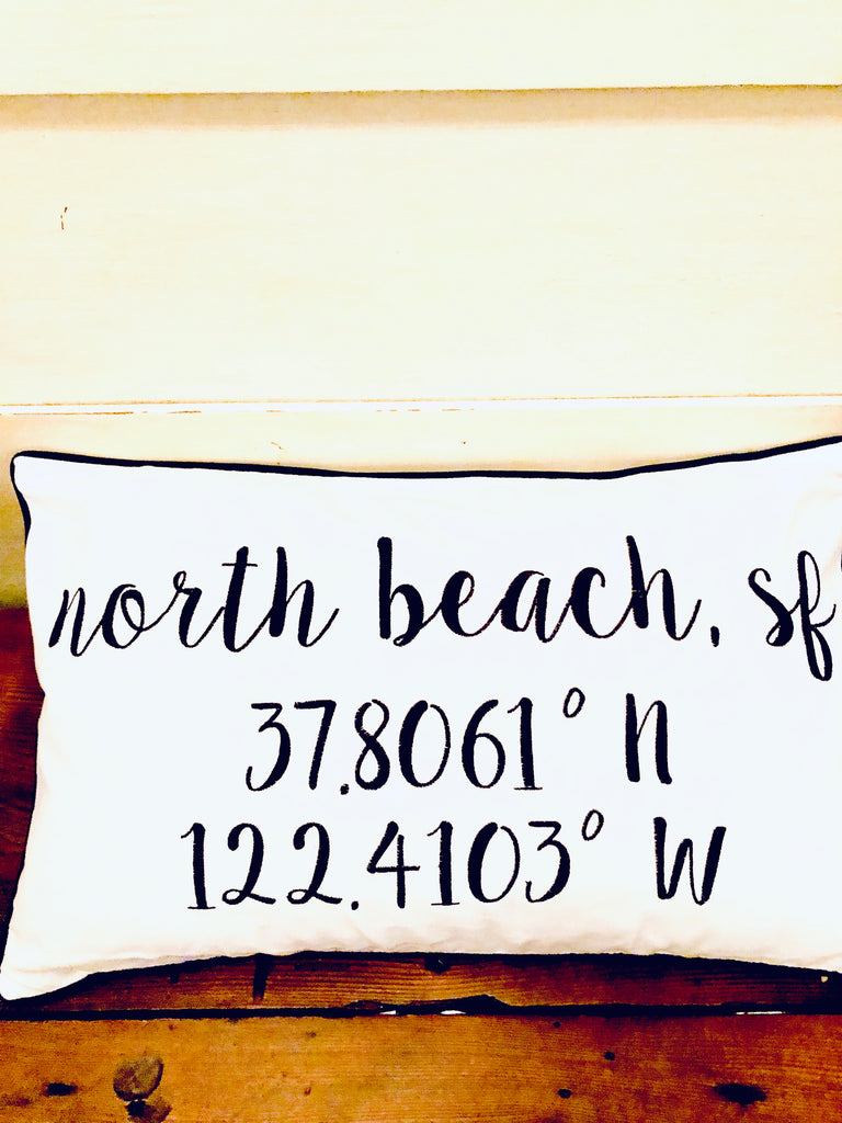 North Beach Longitude Latitude Embroidered Lumbar Pillow Cover