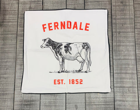 Embroidered Ferndale Cow Pillow Cover Black Piping
