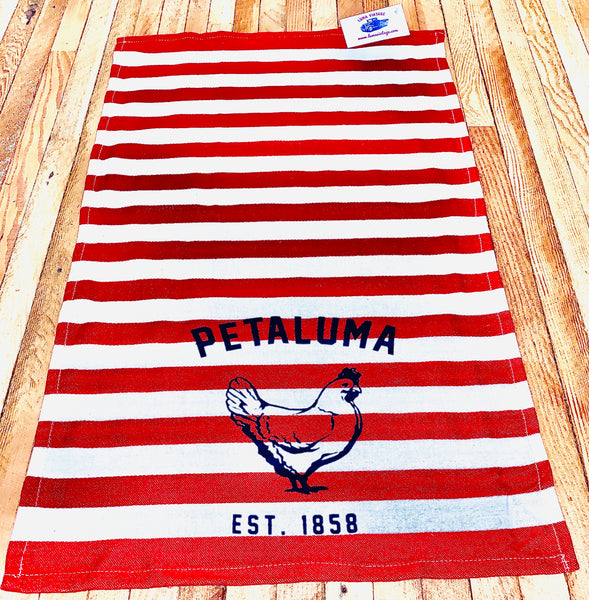 Red and White Stripe Tea Towel with Luma Vintage Petaluma Chicken