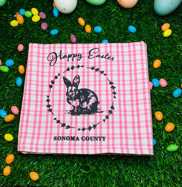 Happy Easter Sonoma County Tea Towel- Pink Plaid