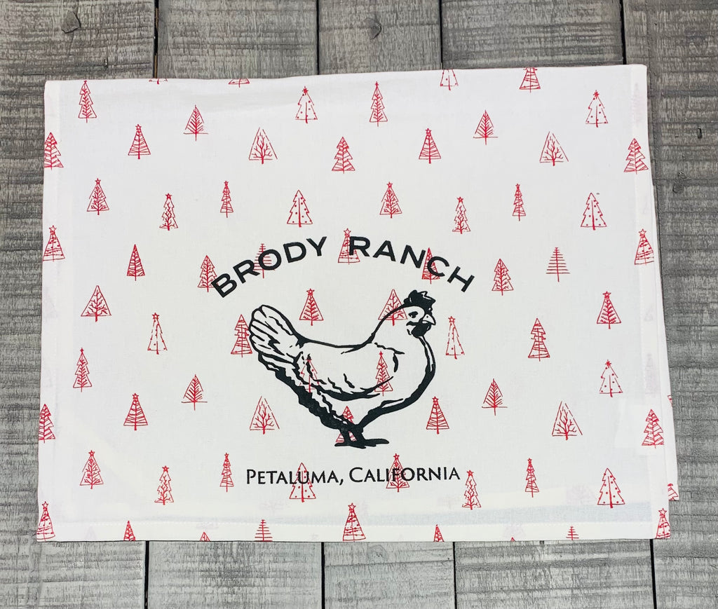 Brody Ranch Tea Towel with Luma Vintage Petaluma Chicken- Red Xmas Tree