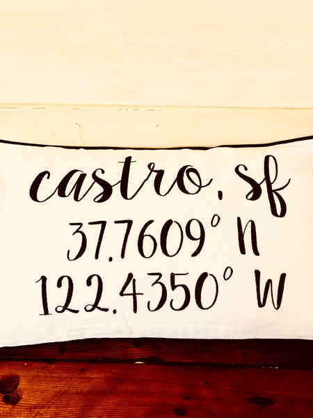 Castro, SF Longitude Latitude Embroidered Lumbar Pillow Cover