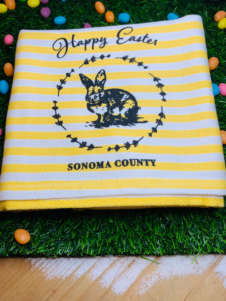 Happy Easter Sonoma County Tea Towel- Yellow Stripe