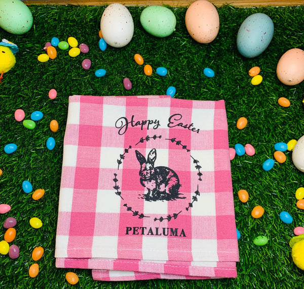Happy Easter Petaluma Tea Towel- Pink Gingham