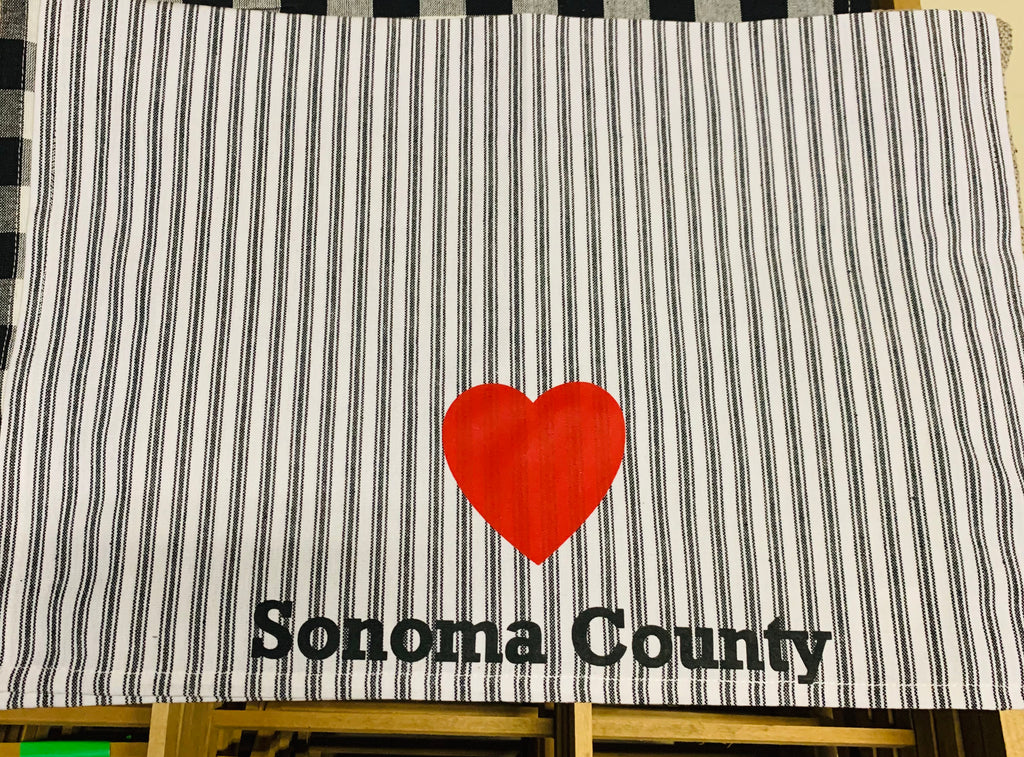 Sonoma County Heart Tea Towel-Black Ticking Stripe