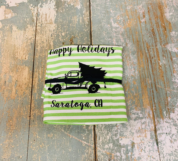 Saratoga Happy Holidays Tea Towel -  Green Stripe