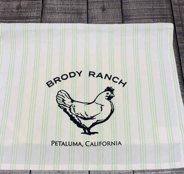 Brody Ranch Tea Towel with Luma Vintage Petaluma Chicken- Sage Stripe