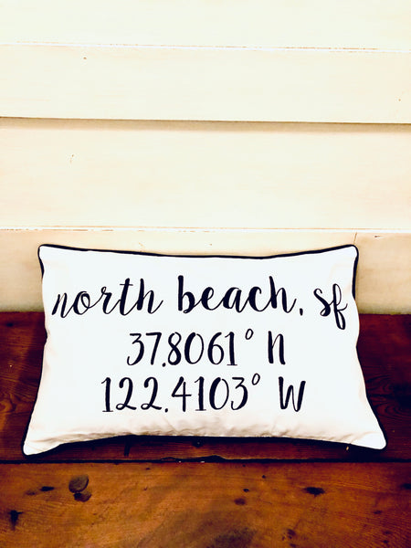North Beach Longitude Latitude Embroidered Lumbar Pillow Cover