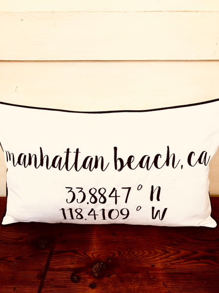Manhattan Beach Longitude Latitude Embroidered Lumbar Pillow Cover