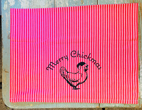 Luma Vintage Merry Chickmas (no town) Tea Towel- Red/Mauve Thin Stripe