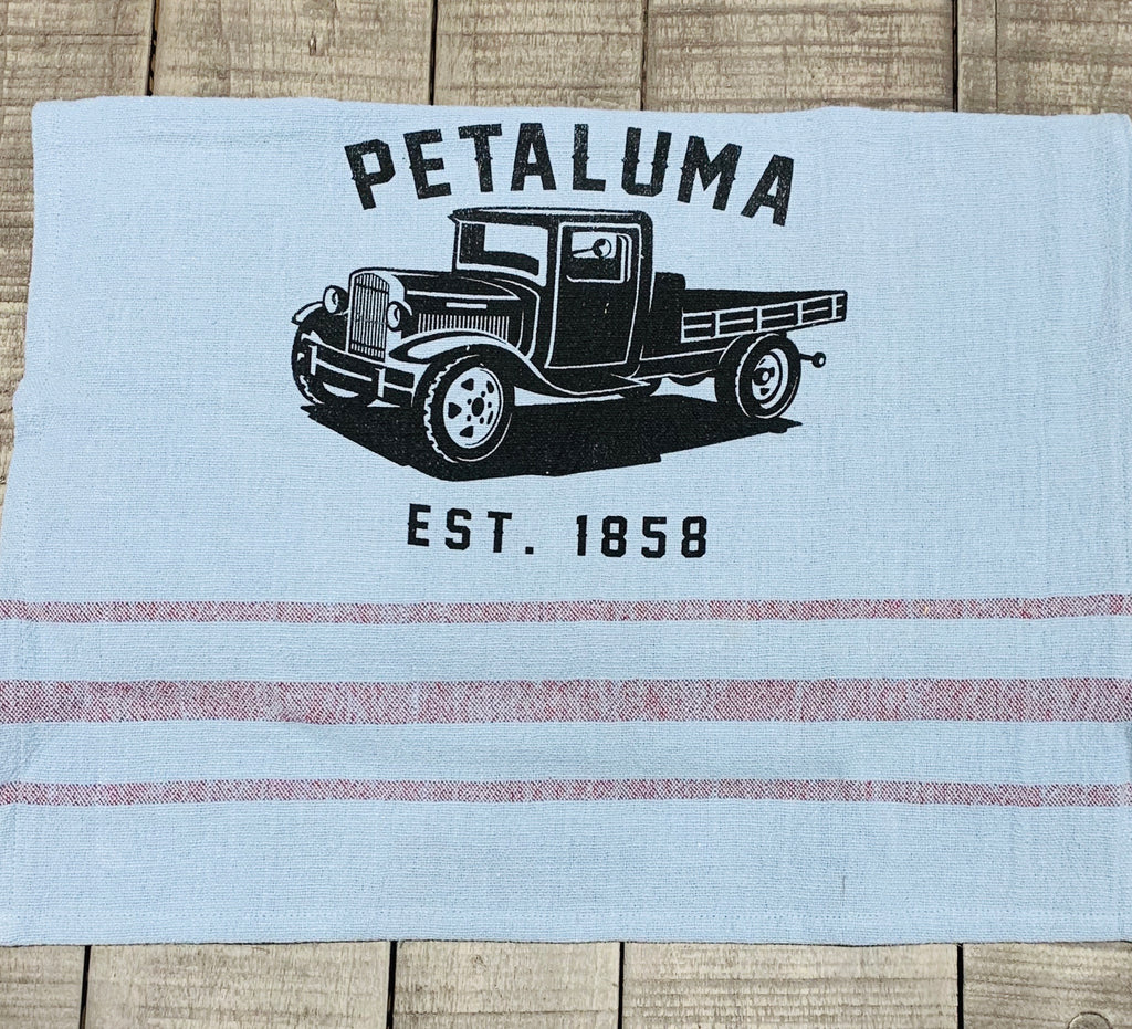 Tea Towel with Luma Vintage Truck- Petaluma Blue/ Merlot Stripe