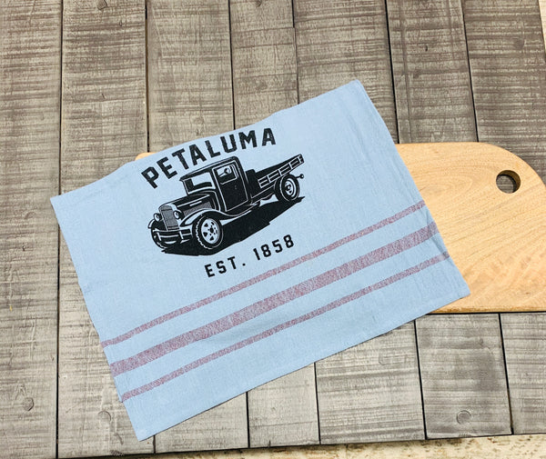 Tea Towel with Luma Vintage Truck- Petaluma Blue/ Merlot Stripe
