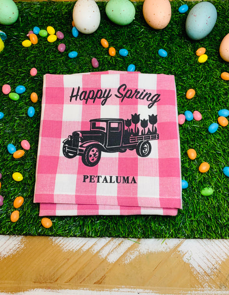 Happy Spring Petaluma Tea Towel- Pink Gingham