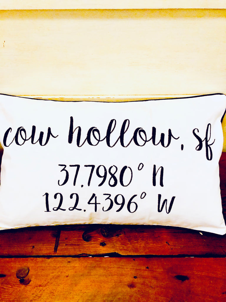 Cow Hollow Longitude Latitude Embroidered Lumbar Pillow Cover