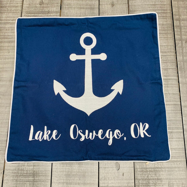 Lake Oswego Embroidered Anchor Pillow Cover