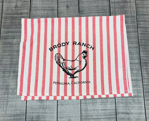 Brody Ranch Tea Towel with Luma Vintage Petaluma Chicken-Pink Stripe