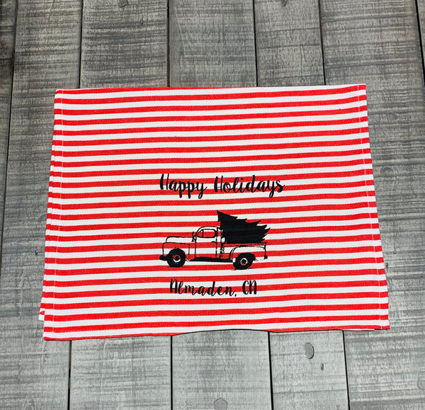Luma Vintage Happy Holidays Almaden Tea Towel -Red  Stripe