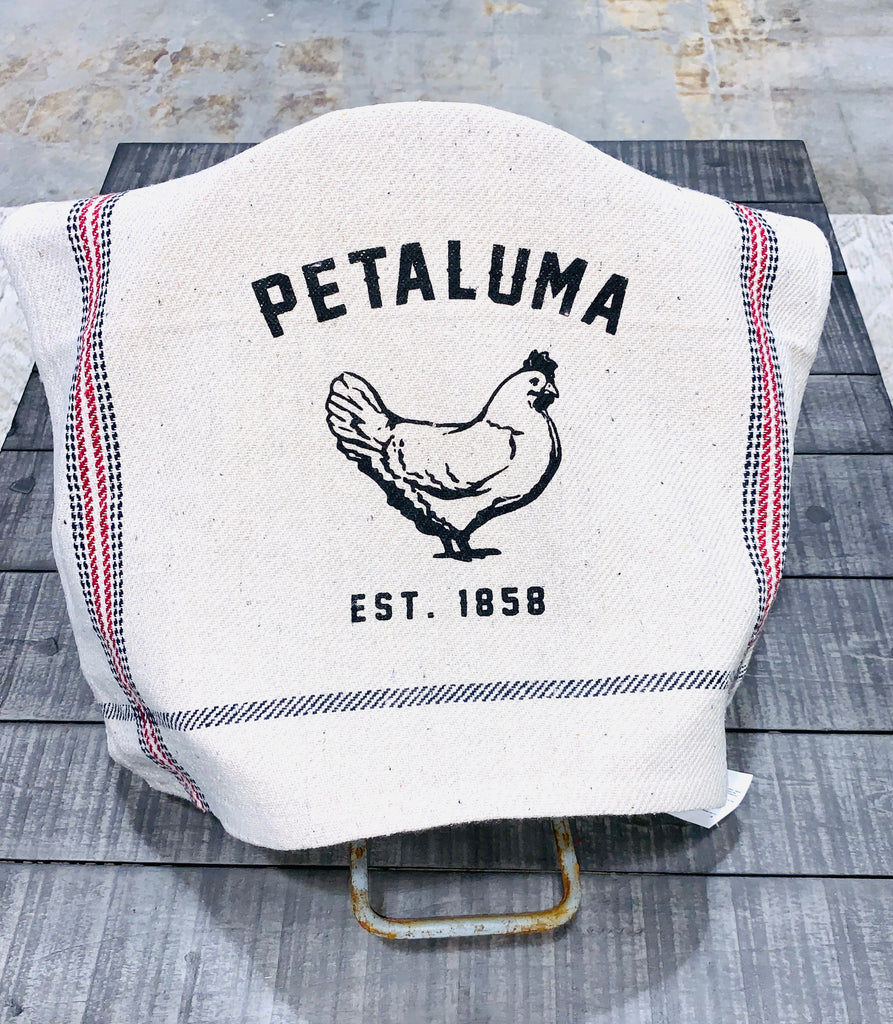 Rustic Tea Towel with Luma Vintage Petaluma Chicken- Red and Blue Stripe