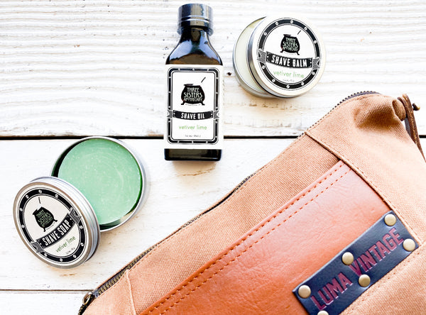 Luma Vintage Waxed Canvas Dopp Kit Set with Three Sisters Apothecary Shaving Essentials- Vetiver Lime