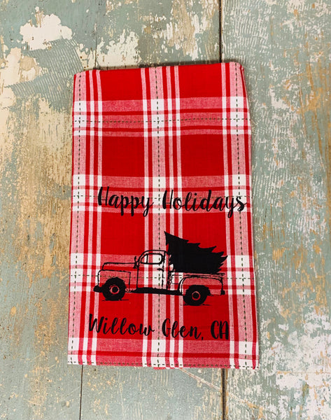 Willow Glen Happy Holidays Tea Towel - Red Plaid