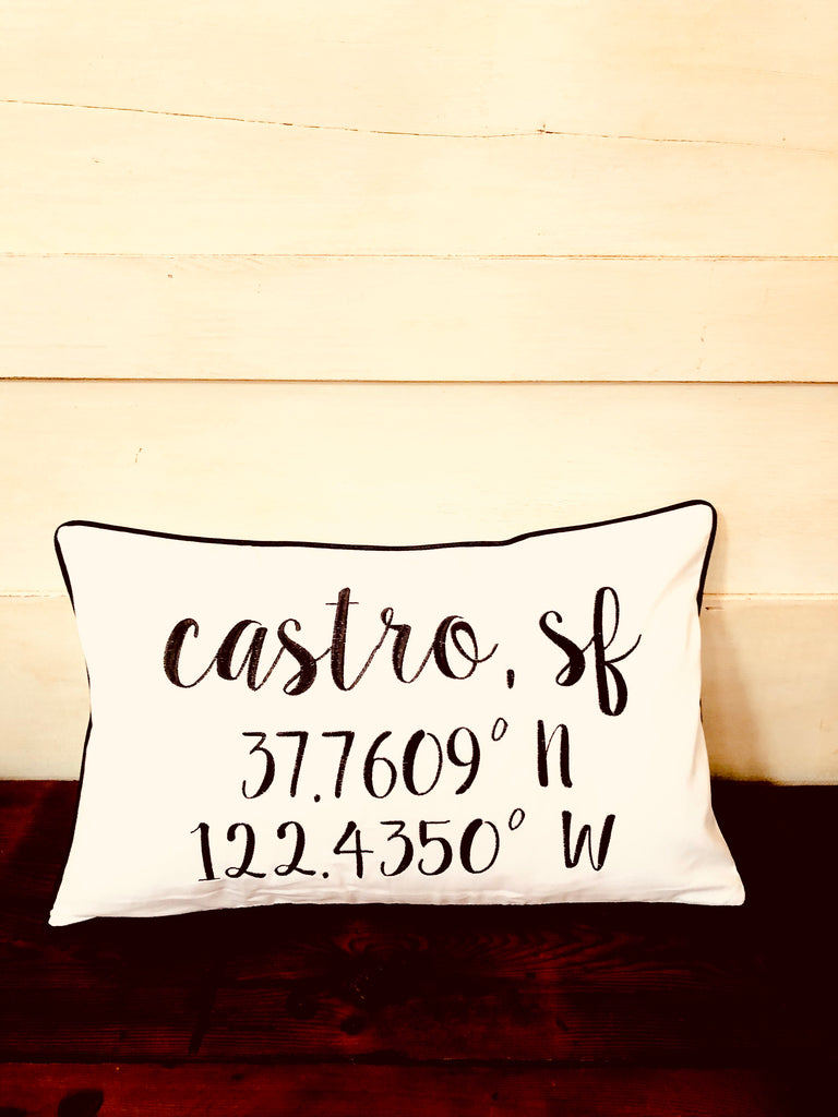 Castro, SF Longitude Latitude Embroidered Lumbar Pillow Cover