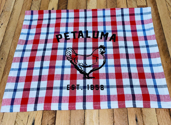 Red White and Blue Plaid Tea Towel with Luma Vintage Petaluma Chicken
