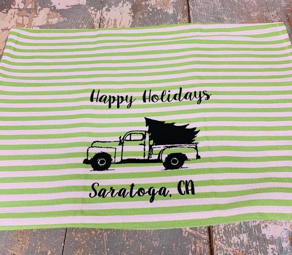 Saratoga Happy Holidays Tea Towel -  Green Stripe