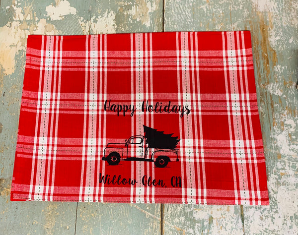 Willow Glen Happy Holidays Tea Towel - Red Plaid