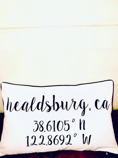 Healdsburg Longitude Latitude Embroidered Lumbar Pillow Cover