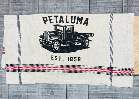 Tea Towel with Luma Vintage Truck- Petaluma Rustic Red/Blue Stripe