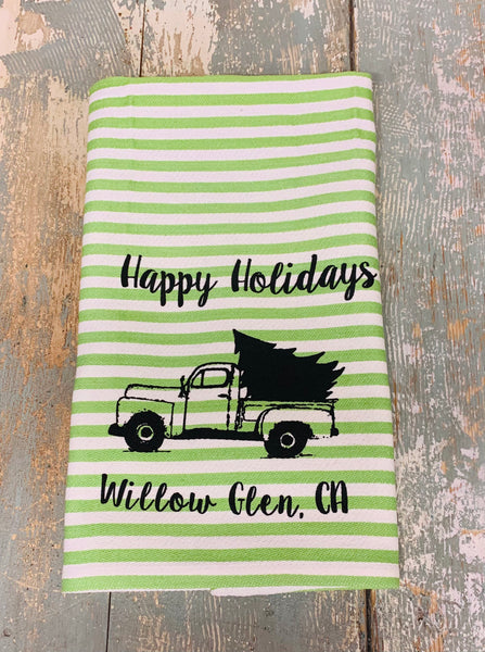Willow Glen Happy Holidays Tea Towel - Green Stripe