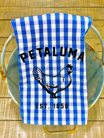 Blue Gingham  Tea Towel with Luma Vintage Petaluma Chicken