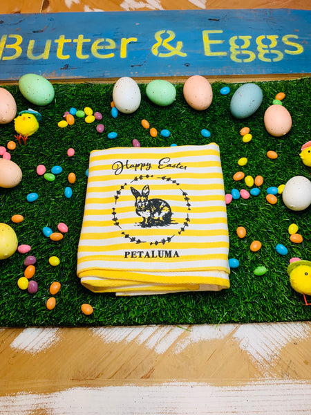 Happy Easter Petaluma Tea Towel- Yellow Stripe