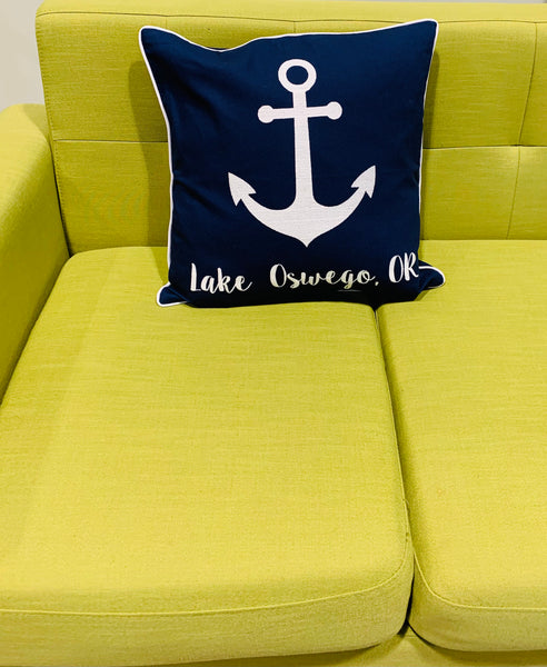 Lake Oswego Embroidered Anchor Pillow Cover